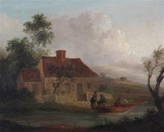 After George Morland (1763-1804) Horse riders on a lane and Boatmen beside a cottage, 7 x 9in.